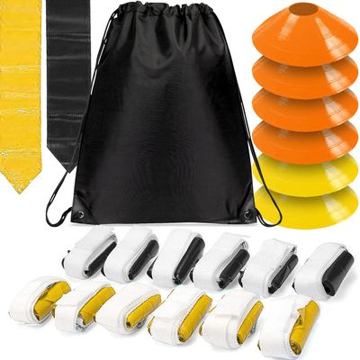 WYZworks 12 Player 3 Flag Football Kit Set - 12 Belts with 36 Flags [ 18 BLACK & 18 YELLOW FLAGS ] BONUS 6 Cones + Travel Bag