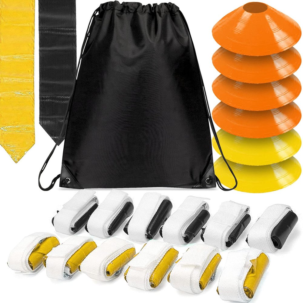 WYZworks 12 Player 3 Flag Football Kit Set - 12 Belts with 36 Flags [ 18 BLACK & 18 YELLOW FLAGS ] BONUS 6 Cones + Travel Bag