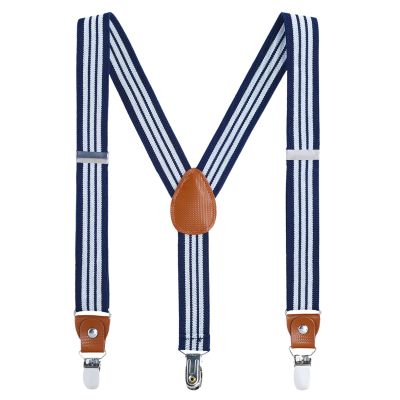 AWAYTR Kids Boys Adults Suspenders - 4 Sizes Sturdy Metal Clips Elastic Adjustable Suspender (24 inches (3 Years-6 Years),Navy blue & White Stripe)