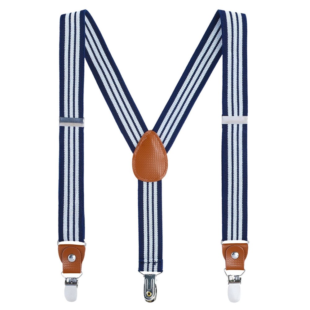 AWAYTR Kids Boys Adults Suspenders - 4 Sizes Sturdy Metal Clips Elastic Adjustable Suspender (24 inches (3 Years-6 Years),Navy blue & White Stripe)