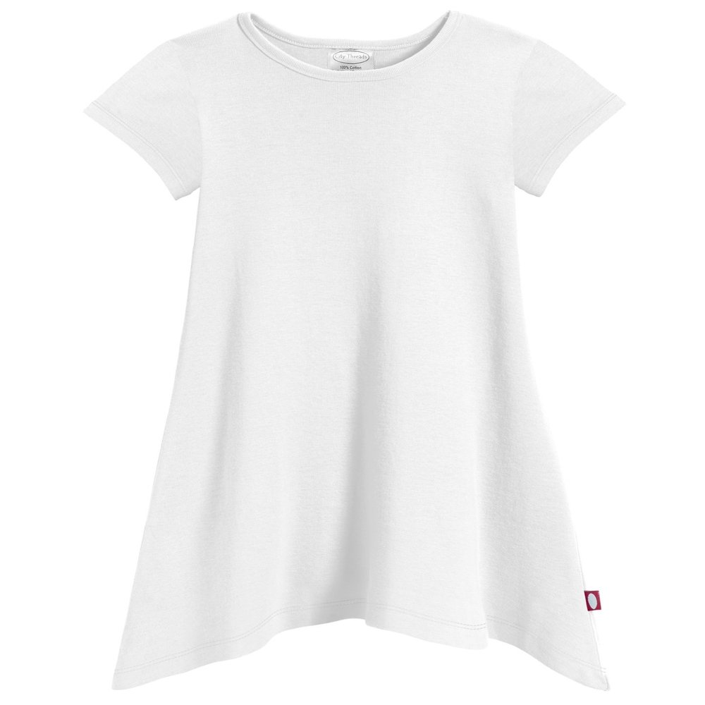 City Threads Girls' Shark Bite Short Sleeve Tunic Top Blouse Shirt Stylish Modern All Cotton for Sensitive Skins SPD Sensory Friendly, White, 12/18m