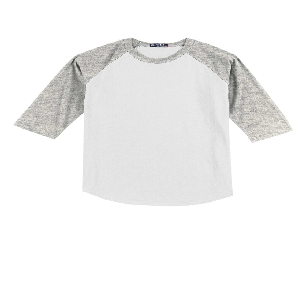 SPORT-TEK Youth Colorblock Raglan Jersey | 3/4 Sleeve Sporty T-Shirt for Boys & Girls, Relaxed Fit Cotton Tee for Kids White/Heather Grey