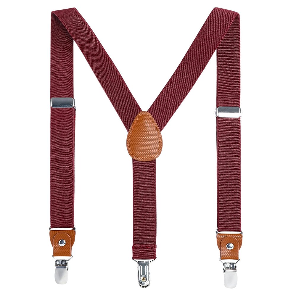 AWAYTR Kids Boys Adults Suspenders - 4 Sizes Sturdy Metal Clips Elastic Adjustable Suspender (24 inches (3 Years-6 Years),Wine red)
