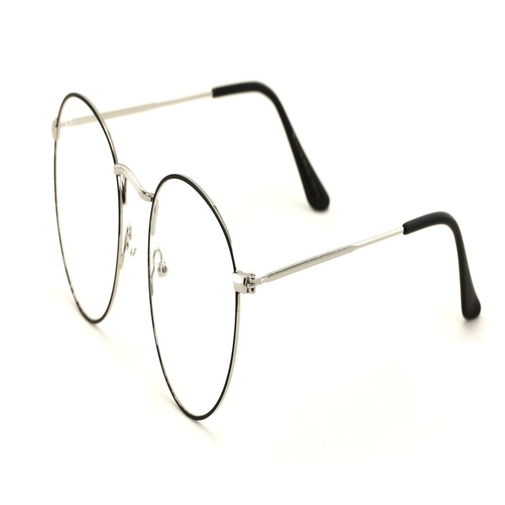 V.W.E. Medium Size Oval Thin Metal Clear Lens Glasses Frame Non-Prescription (Black/Silver, Clear)