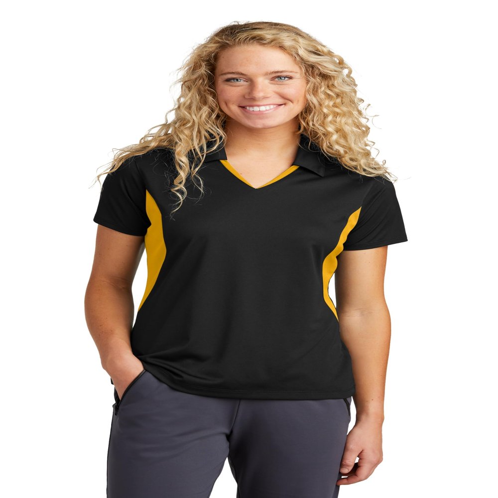 SPORT-TEK Women's Side Blocked Micropique Sport-Wick Polo | Short Sleeve Collared Shirt, Athletic Top with Colorblock Details Black/Gold
