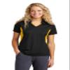 SPORT-TEK Women's Side Blocked Micropique Sport-Wick Polo | Short Sleeve Collared Shirt, Athletic Top with Colorblock Details Black/Gold view 1