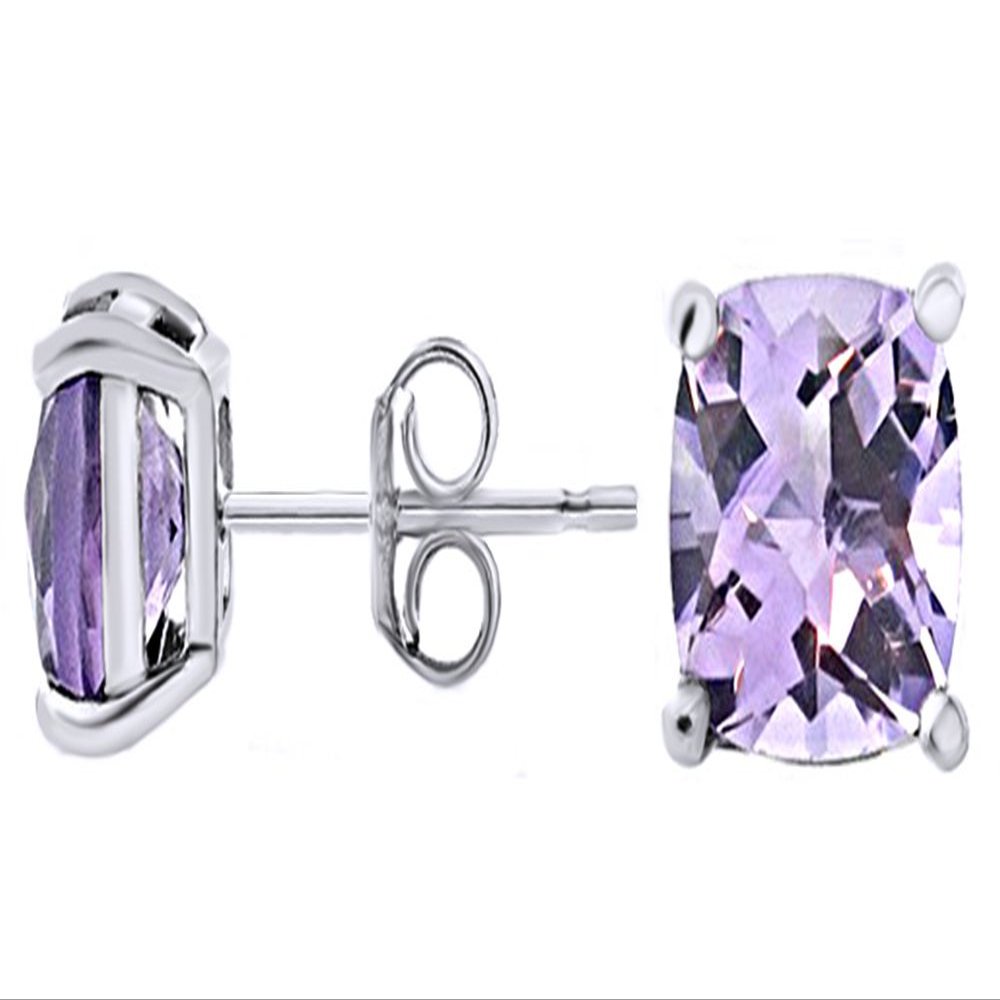 Cushion Cut Simulated Amethyst Solitaire Stud Earrings in 14k White Gold Over Sterling Silver (2.00 Cttw)