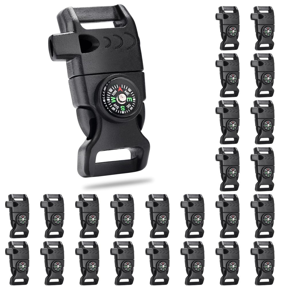 CooBigo 25 Pack 5/8 Inch Paracord Buckle with Whistle Compass, Side Release Plastic Buckles for Paracord Bracelet Outdoor Camping Emergency Survival Travel Kits