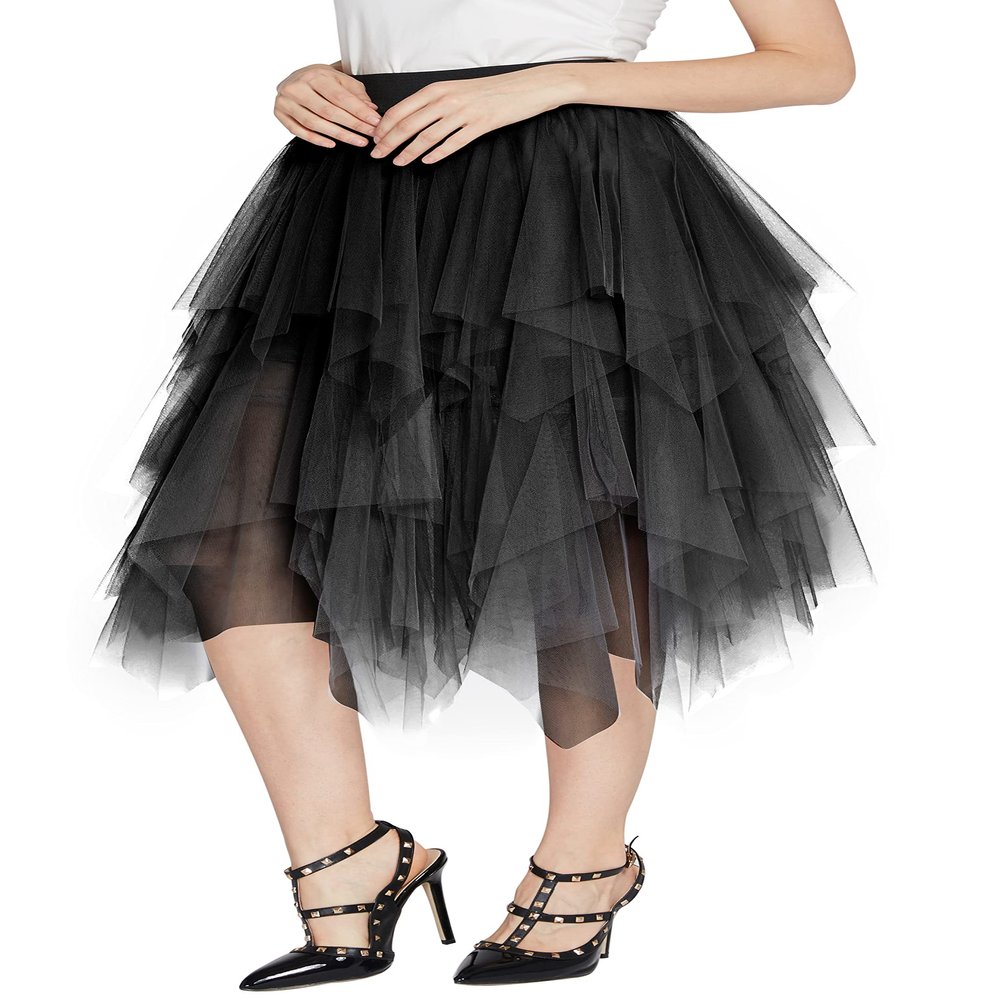 Urban CoCo Women's A-Line Mesh Tutu Skirt Fluffy Layered Tulle Midi Long Skirts with Elastic Waist (S, Series 1-Black)