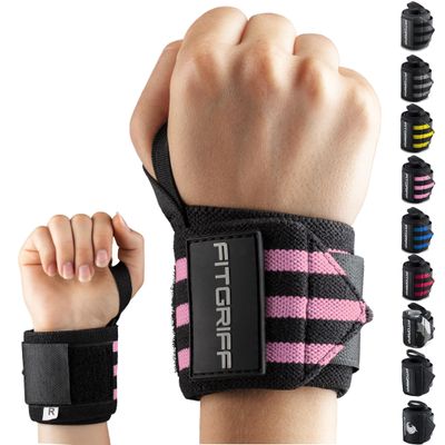 Fitgriff Wrist Wraps for Weightlifting (18") Heavy-Duty Support for Gym, Bench Press, and Pushups (1 Pair) - for Men and Women (Black/Pink)