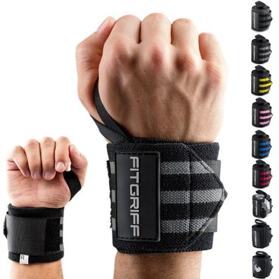 Fitgriff Wrist Wraps for Weightlifting (18") Heavy-Duty Support for Gym, Bench Press, and Pushups (1 Pair) - for Men and Women (Black/Grey)