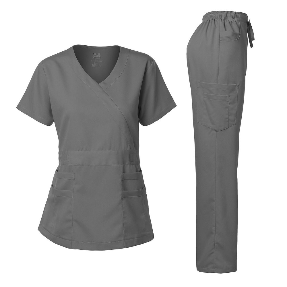 Dagacci Medical Uniform Women's Scrubs Set Stretch Ultra Soft Y-Neck Wrap Top and Pants Pewter Gray XL