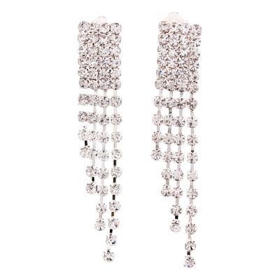 Grace Jun Bridal Silver Plated Rhinestone Crystal Long Tassel Clip on earrings Non Piercing for Women (53)