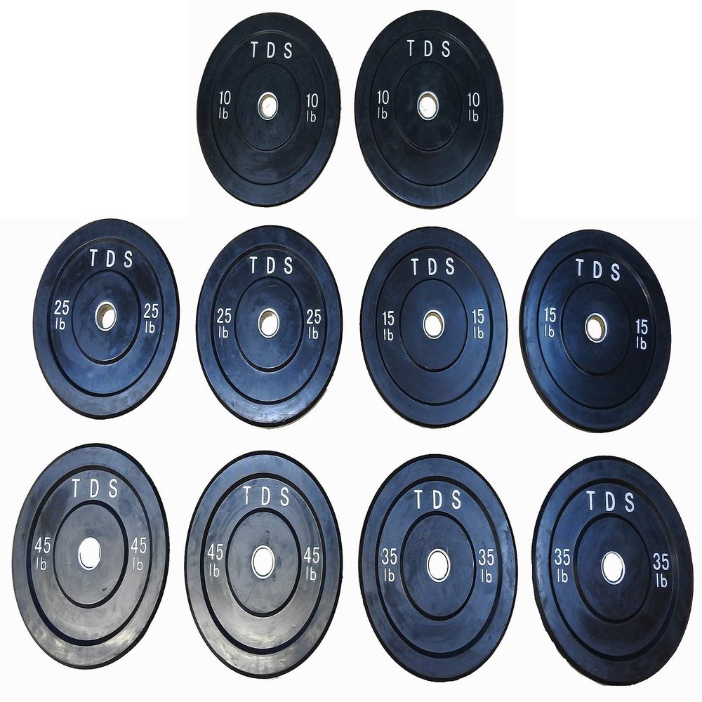 TDS 260 lb Premium Quality Virgin Pure Rubber Bumper Plate set consists of (2) each (10lb, 15lb, 25lb, 35lb & 45lb) without any steel plates inside. Specially designed for CrossFit workout and Fitness Training.
