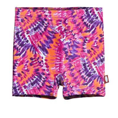 City Threads Girls Swim Shorts, UPF 50+ Swim Pants for Girls, Made in USA Swimsuit Shorts (Fiery Tie-Dye, 10)
