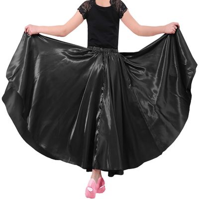 30" Black Girls Stretched Shiny Satin Flowy Long Dance Skirt Dancewear