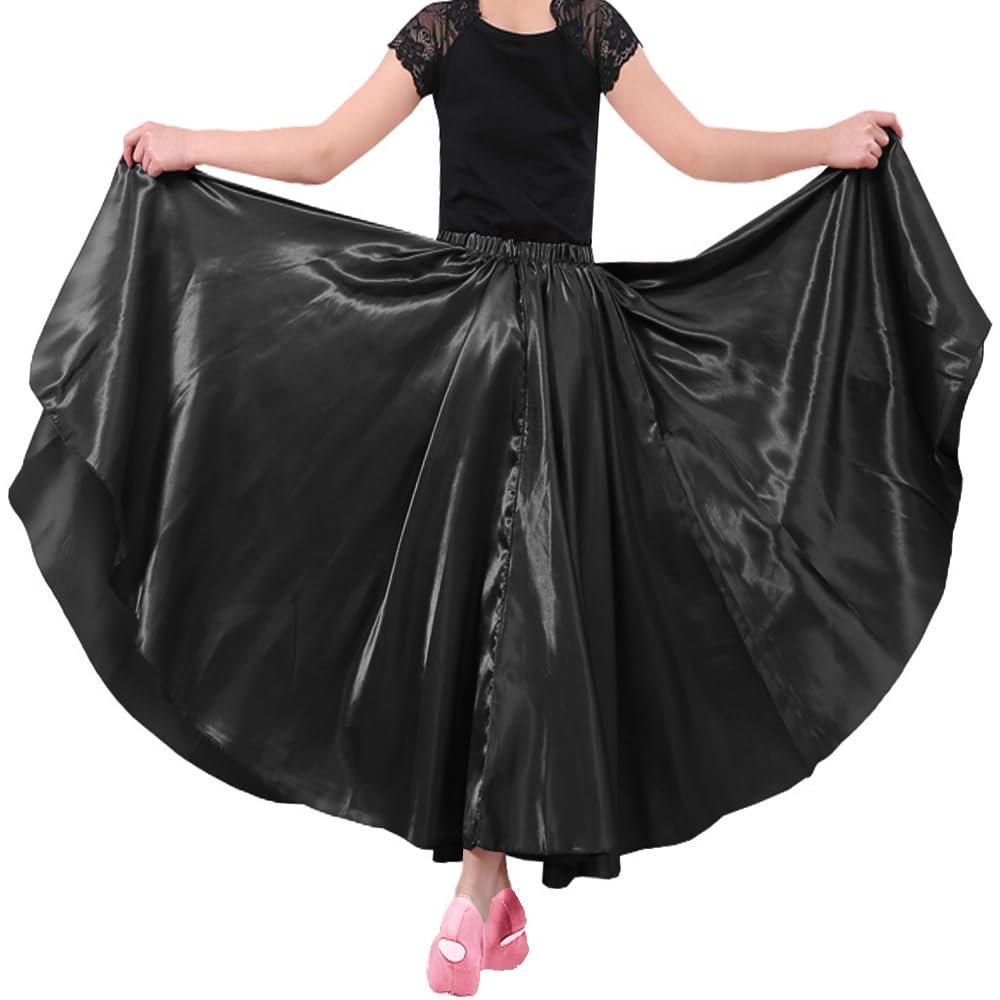 30" Black Girls Stretched Shiny Satin Flowy Long Dance Skirt Dancewear