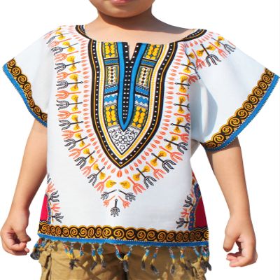 RaanPahMuang Bright Africa White Shirt Childs Dashiki Decorated with Tassels, 1-3 Years, Azure Blue White
