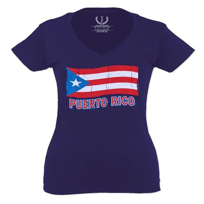 0037 Bandera Puerto Rico Flag Boricua Puerto Rican Nuyorican Pride for Women V Neck Fitted T Shirt (Navy Blue, Medium)