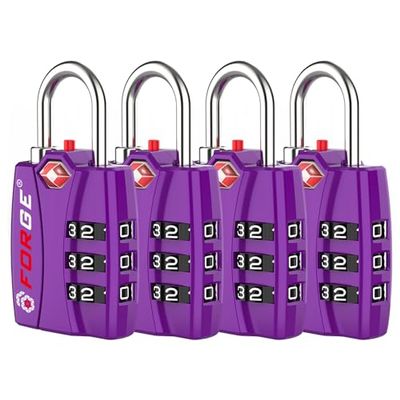 Forge Luggage Locks TSA Approved 4 Pack Purple, Small Combination Lock with Zinc Alloy Body, Open Alert, Easy Read Dials, for Travel Suitcase, Bag, Backpack, Lockers.