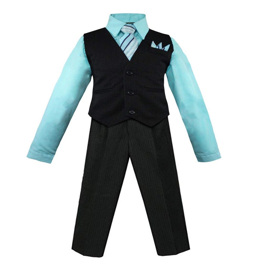 Luca Gabriel Toddler Boys' 4 Piece Pinstripe Vest Shirt Tie Pant and Hanky Set Aqua - 4t