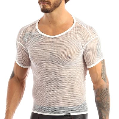 iiniim Men's Fitted Short Sleeve Muscle Top T-Shirt Workout See Thru Undershirt Grid Mesh Fishnet Clubwear White XL