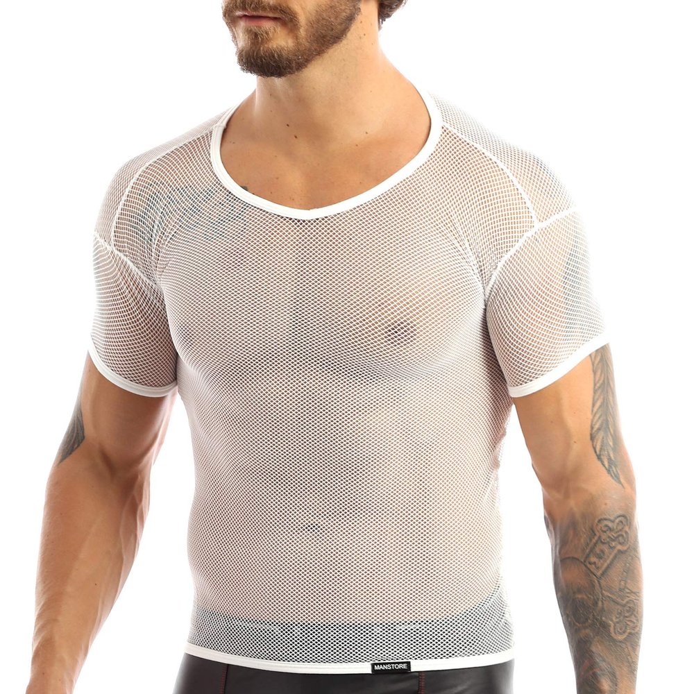 iiniim Men's Fitted Short Sleeve Muscle Top T-Shirt Workout See Thru Undershirt Grid Mesh Fishnet Clubwear White XL
