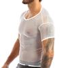 iiniim Men's Fitted Short Sleeve Muscle Top T-Shirt Workout See Thru Undershirt Grid Mesh Fishnet Clubwear White XL view 3