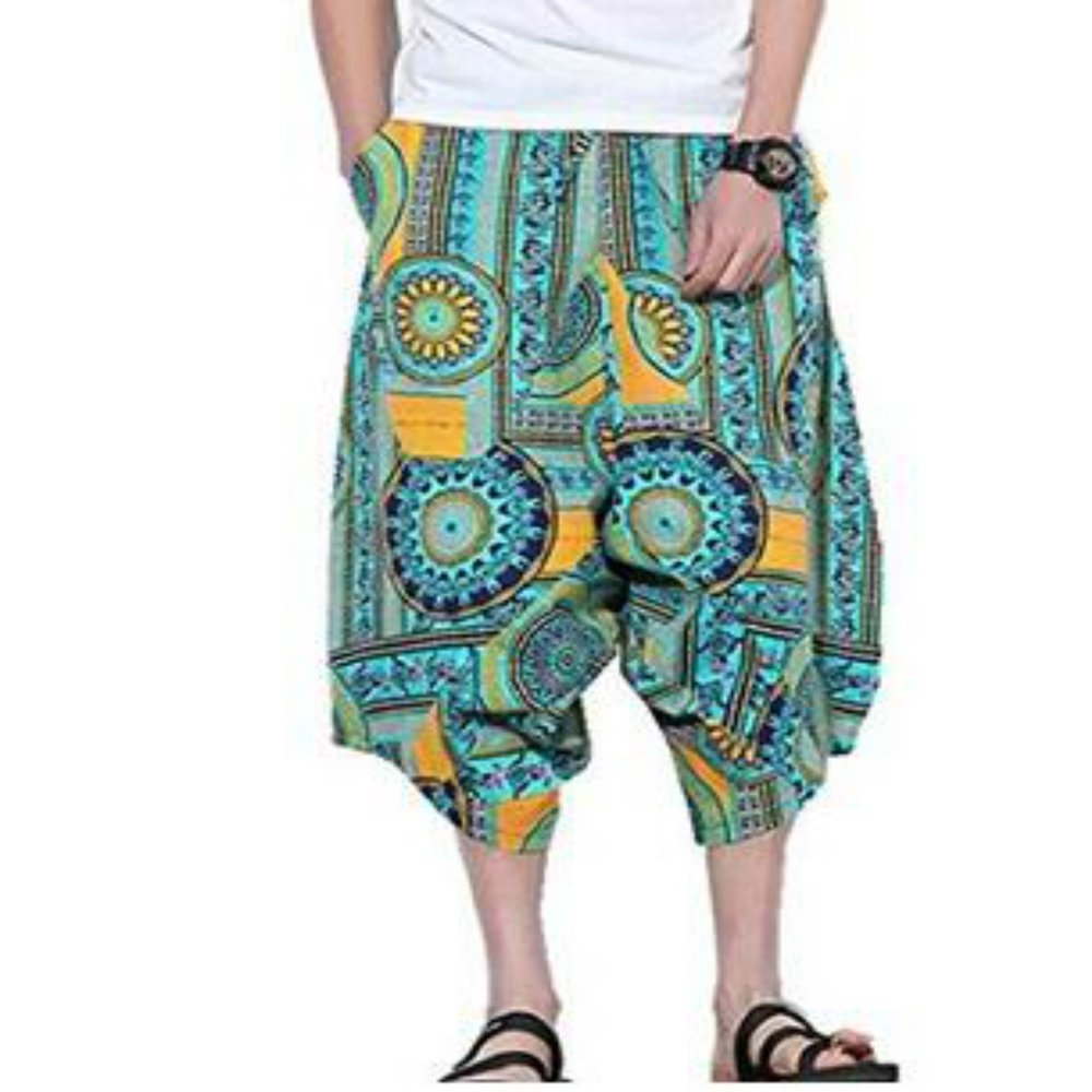 Colygamala Men's Summer Linen Drop Crotch Shorts Hippe Harem Shorts Capri 3/4 Pants