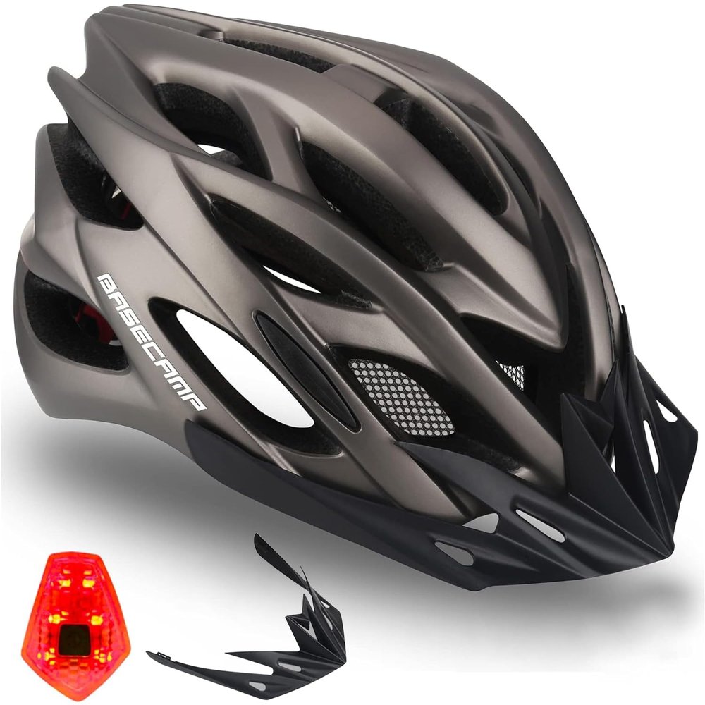 Basecamp Bike Helmet for Men Women with LED Safety Light Removable Sun Visor Lightweight Bicycle Helmet Adjustable Breathable Mountain & Road Cycling Helmets for Adult (BC-10)