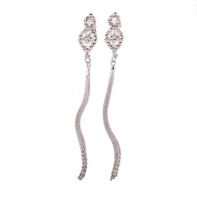Grace Jun Bridal Silver Plated Rhinestone Crystal Long Tassel Clip on earrings Non Piercing for Women Ear Clip(42)