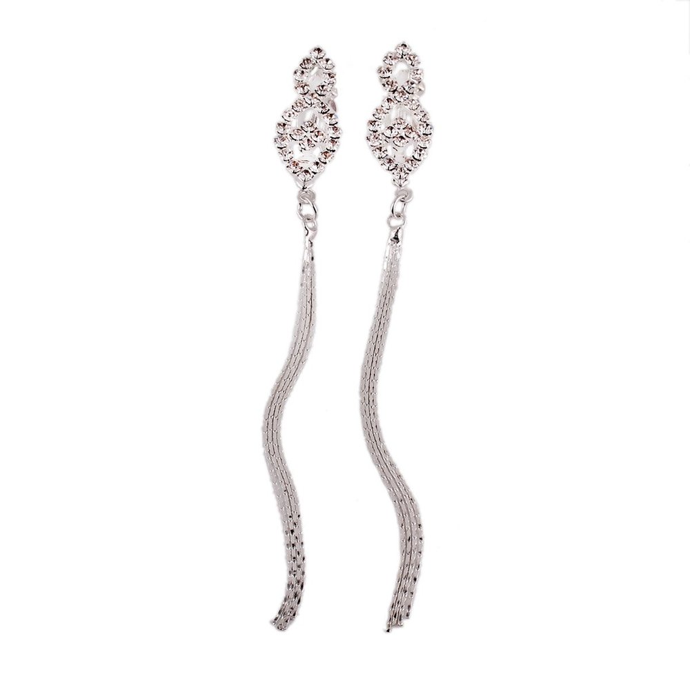 Grace Jun Bridal Silver Plated Rhinestone Crystal Long Tassel Clip on earrings Non Piercing for Women Ear Clip(42)