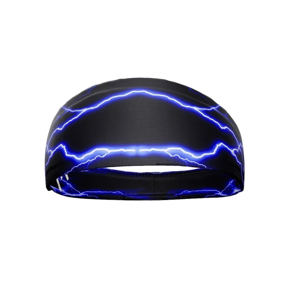 Unisex Headband/Sweatband. Best for Sports, Fitness, Working Out, Yoga. Tapered Design. (Blue Lightning)