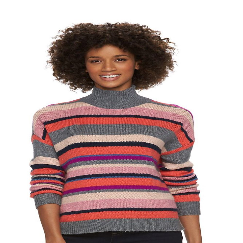 Chaps Women's Striped Mockneck Sweater (X-Large, Pink Multi)