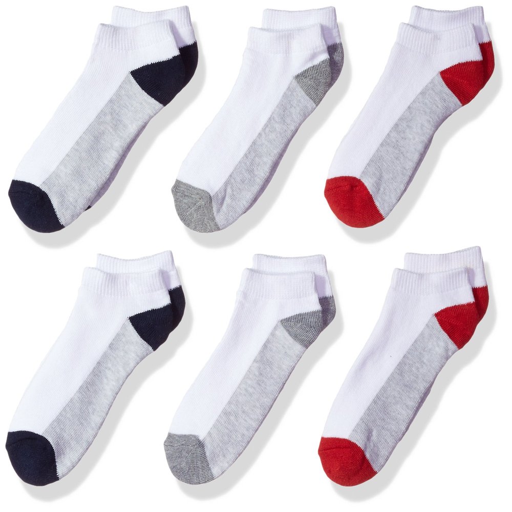 Fruit of the Loom Boys' Big 6 Pack No Show Socks, white/blue/dark heather gray/red Shoe Size 9-2.5 Medium