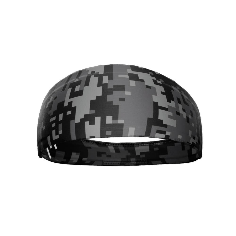 Unisex Headband/Sweatband. Best for Sports, Fitness, Working Out, Yoga. Tapered Design. (Black DIGI CAMO)