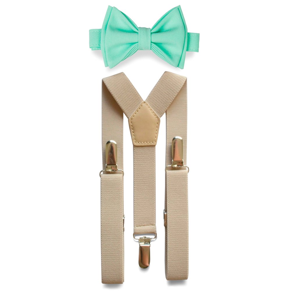 Armoniia Tan Suspenders & Bow Tie Set for Baby Toddler Boy Teen Men (5. Adult (5'8" - 6'8"), Tan Suspenders, Mint Bow Tie)