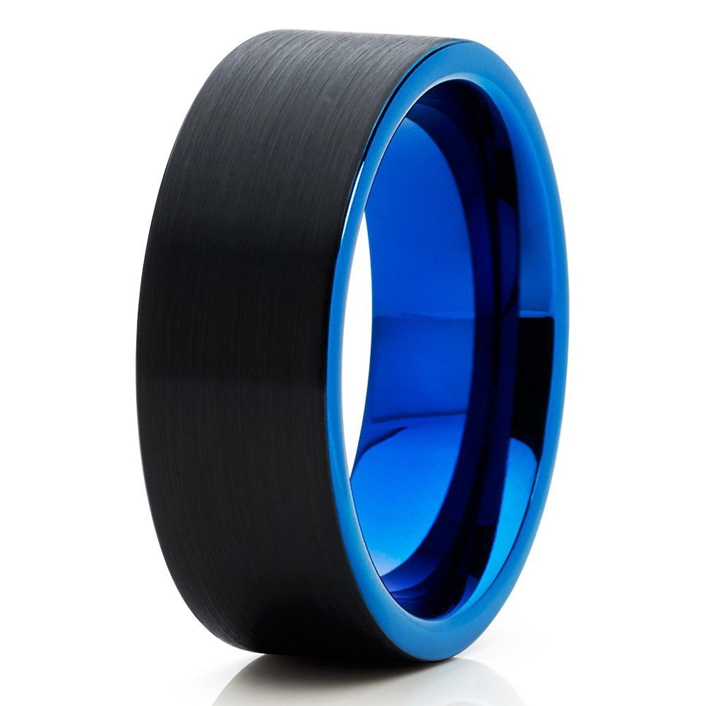 Blue Tungsten Wedding Ring,Blue Tungsten Ring,Black Tungsten,Men & Women,Black Tungsten Band
