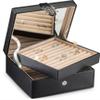 Glenor Co Ring Organizer Box - 108 Slot Classic Jewelry Display Holder - 2 Storage Trays with Modern Buckle Closure, Large Mirror - Holds Rings and Cufflinks - PU Leather Case - Black view 1