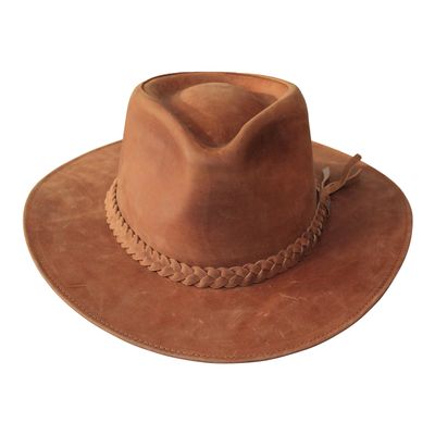 B&S Premium Leather Fedora - Wide Brim Hat Leather - Water Resistant - Tan (Size 60)