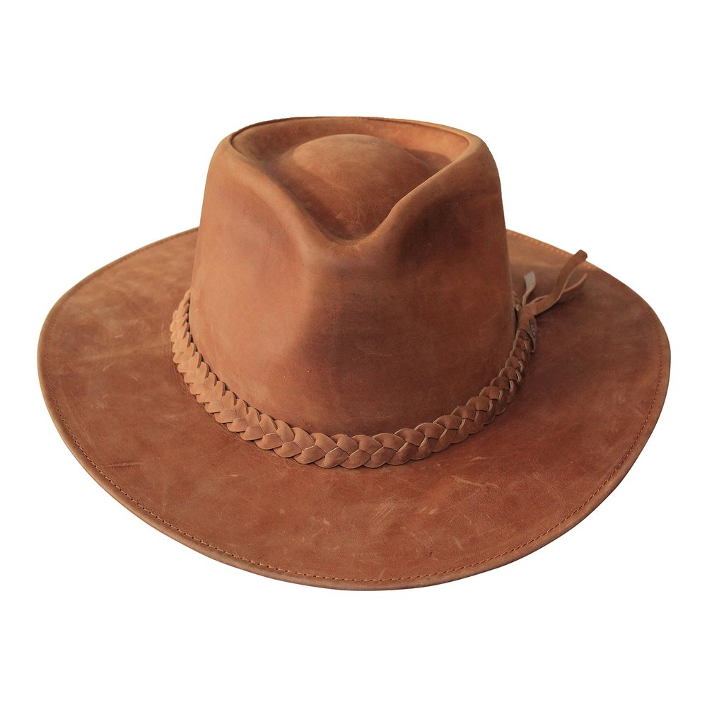 B&S Premium Leather Fedora - Wide Brim Hat Leather - Water Resistant - Tan (Size 60)