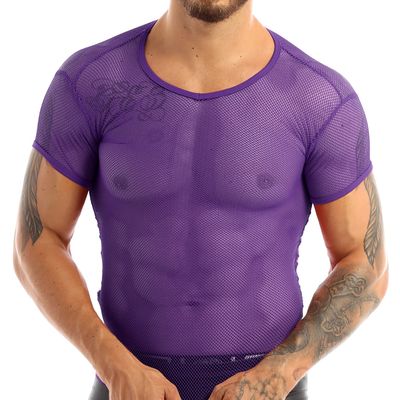 iiniim Men's Fitted Short Sleeve Muscle Top T-Shirt Workout See Thru Undershirt Grid Mesh Fishnet Clubwear Purple XL