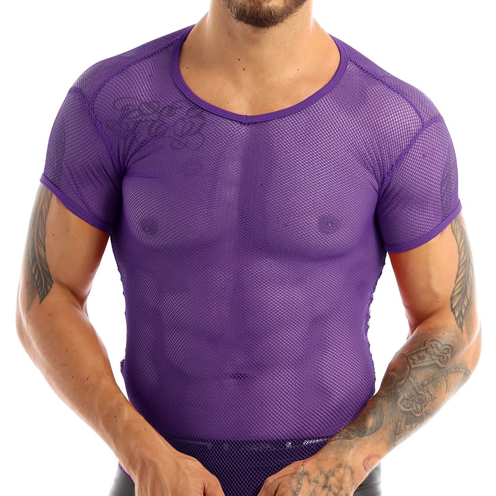 iiniim Men's Fitted Short Sleeve Muscle Top T-Shirt Workout See Thru Undershirt Grid Mesh Fishnet Clubwear Purple XL