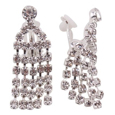 Grace Jun Bridal Silver Plated Rhinestone Crystal Long Tassel Clip on earrings Non Piercing for Women (38)