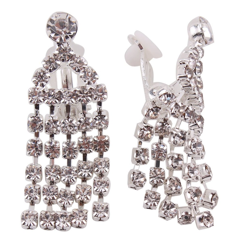 Grace Jun Bridal Silver Plated Rhinestone Crystal Long Tassel Clip on earrings Non Piercing for Women (38)