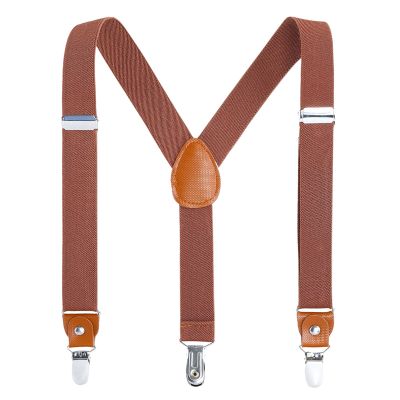 AWAYTR Kids Boys Adults Suspenders - 4 Sizes Sturdy Metal Clips Elastic Adjustable Suspender (24 inches (3 Years-6 Years),Brown)