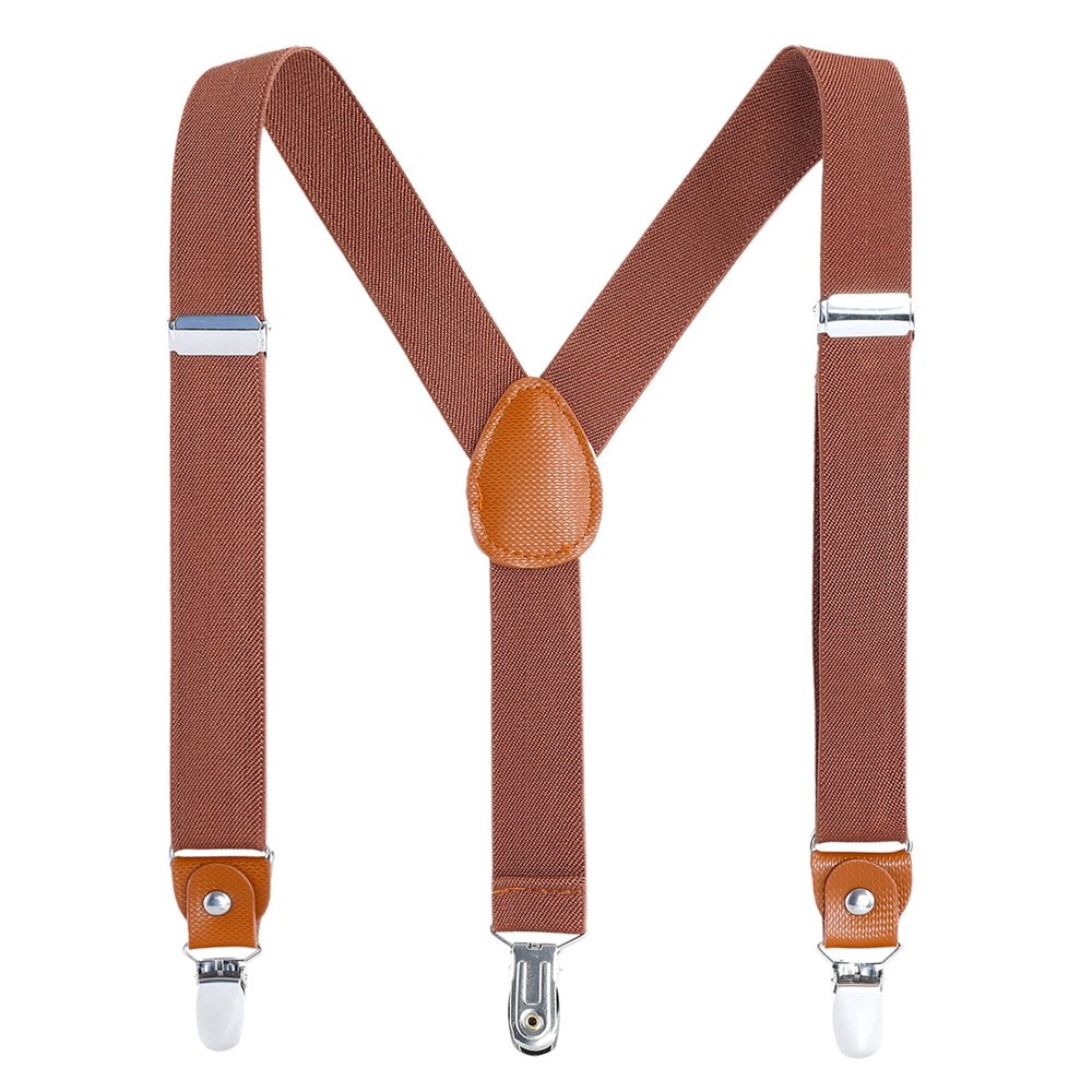 AWAYTR Kids Boys Adults Suspenders - 4 Sizes Sturdy Metal Clips Elastic Adjustable Suspender (24 inches (3 Years-6 Years),Brown)