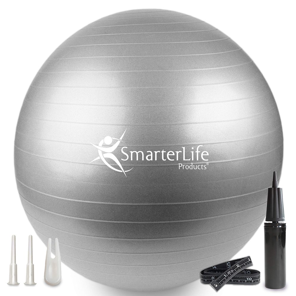 SmarterLife Exercise Ball Yoga Ball for Fitness, Balance, Stability, or Pregnancy, Gym Ball for Core Workout, Physical Therapy, Yoga Ball Chair for Office, Anti-Slip Anti-Burst (65 cm, Silver)