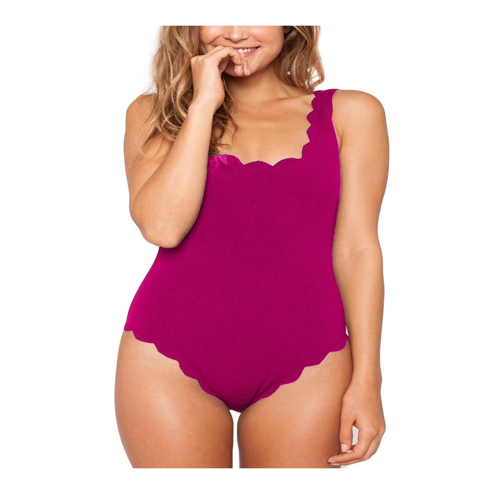 Bestgift Women's Padded Solid Color Backless Scallop Swimwear Bathing Suits Wine Red S
