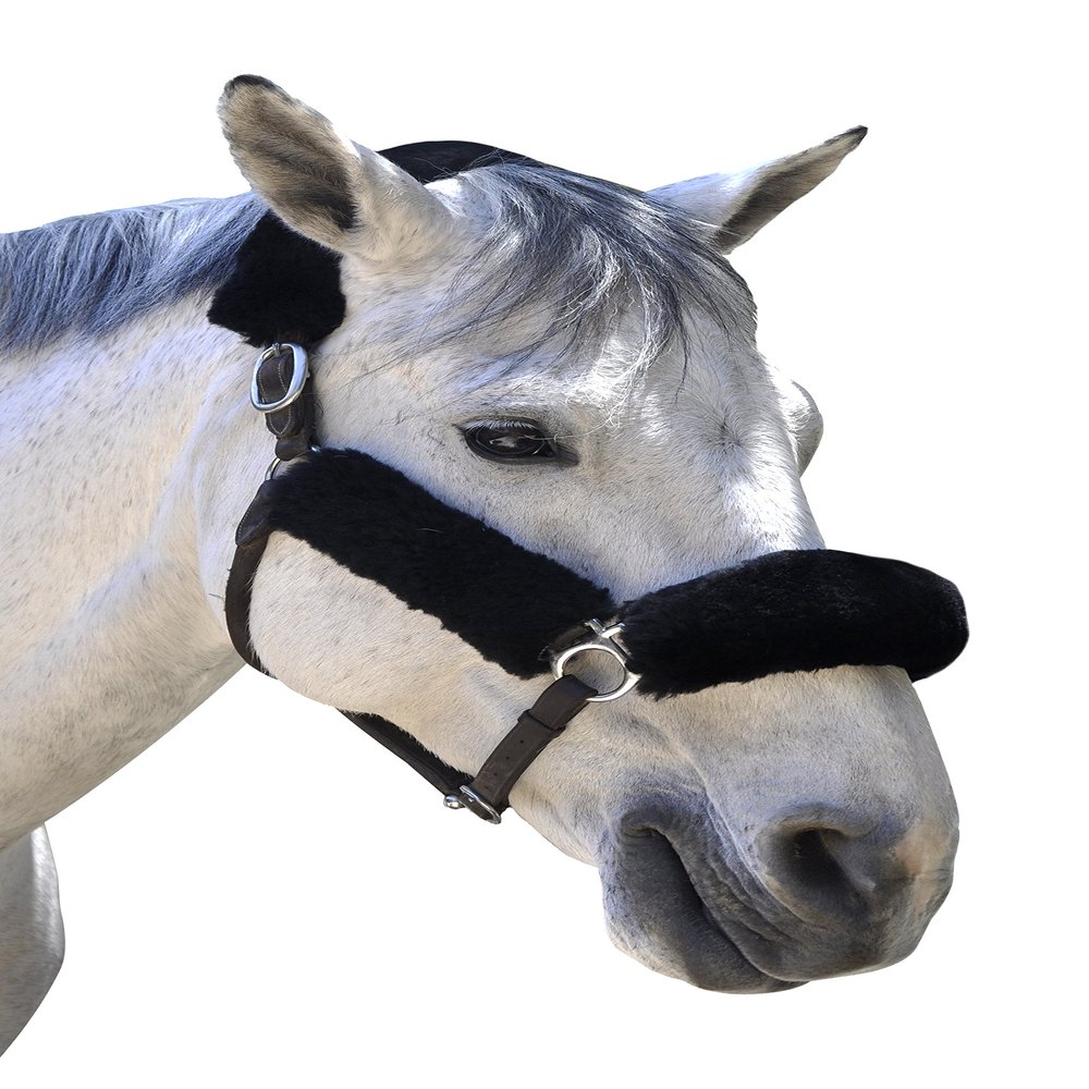 ECP Equine Comfort Products Merino Sheepskin Halter Fleece Set for Horses, 100% Natural Wool, Chafe Protection, Breathable Relief & Cushioned Comfort, Machine Washable, 4-Piece Set, Black